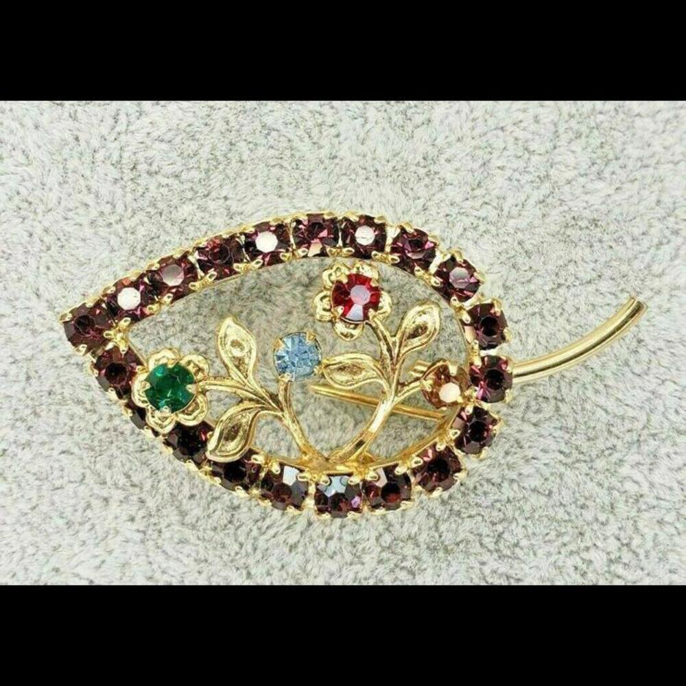 Gold Metal Multi Precious Stone Brooch Jewelry Leaf  Flowers Vintage